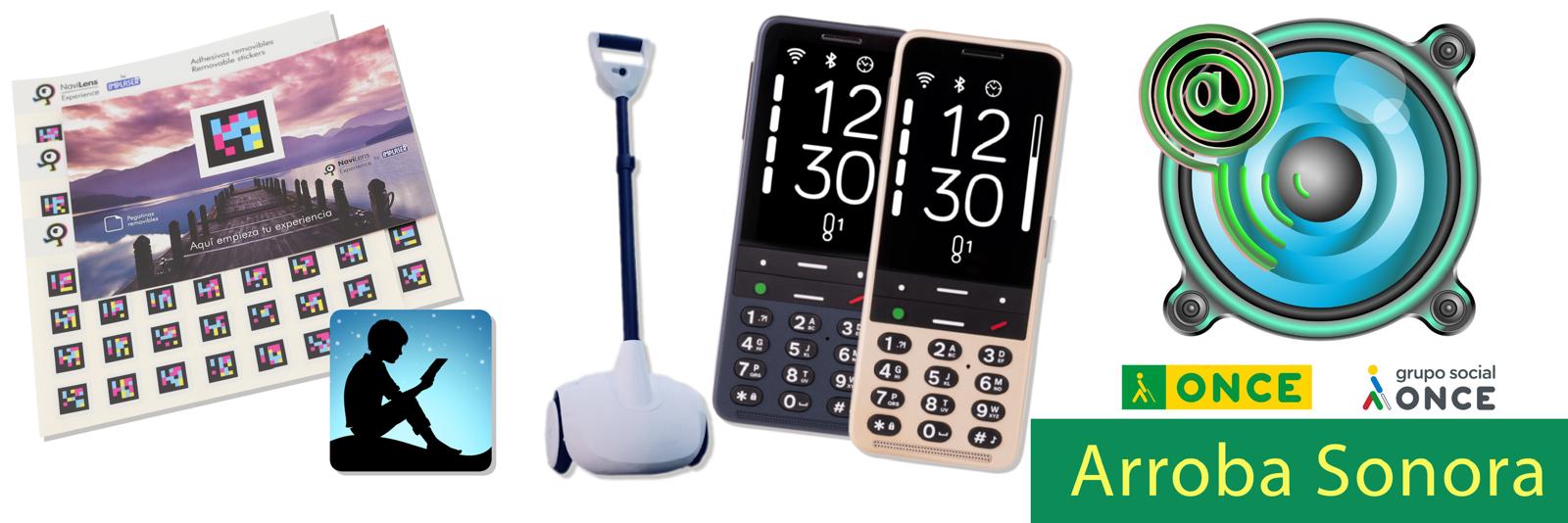 Logo Arroba Sonora, etiquetas Navilens, app Kindle, Glide y Blindshell Classic 3.