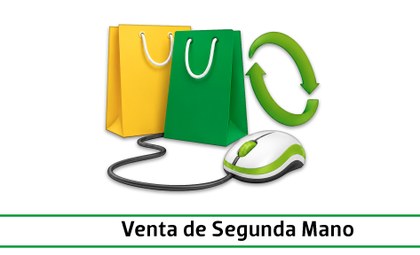 Imagen con dos bolsas de compra, una verde y otra amarilla, junto a un ratón de ordenador y un símbolo circular de reciclaje verde.