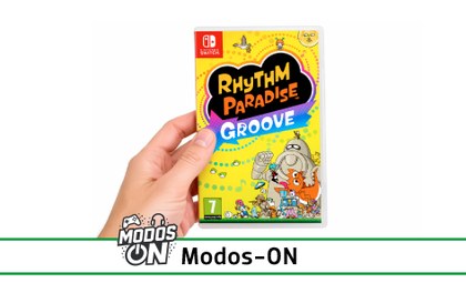 Imagen de una mano cogiendo la caja del videojuego y logo Modos-ON
